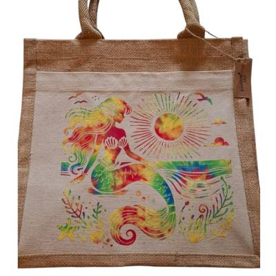 Einkaufstasche, Jutetasche, Handtasche mit Vorderfach und Meerjungfrauen Aufdruck
