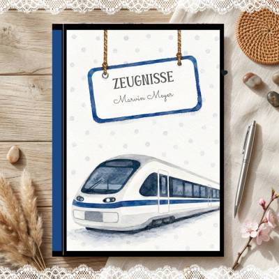 Süße Zeugnismappe für Jungs | Personalisiert | Zug - Motiv | Einschulung & Schulanfang Geschenk | 26-103