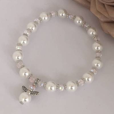 Modeschmuck Schutzengel Armband weiß mit zartrosa Biconen 15-18cm Umfang