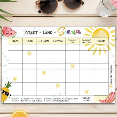 Stadt Land Sommer – PDF Spielvorlage zum Drucken, Sommerferien DIY Spiel, Urlaub Beschäftigung A4