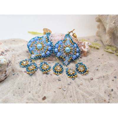 Boho Ohrringe Glasperlenohrringe  , brick stich Stil, Florale Hängeohrringe Edelstahl, Handgefertigte  Ohrhänger, Gold|B
