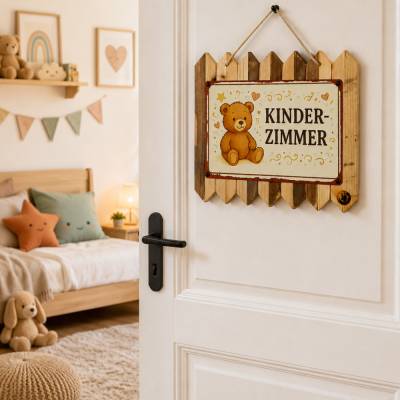 Blechschild Spruch Kinderzimmer | Türschild Kinderzimmer | Teddy Schild auf Altholz | Babyzimmer Deko | Geschenk zur Geb