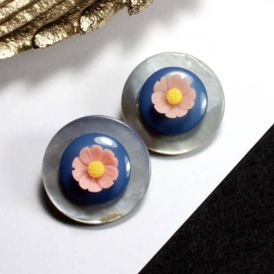 Vintage Ohrclips blau rosa mit Blümchen 50er 60er Jahre upcycling  Knöpfe Ohrringe Rockabilly