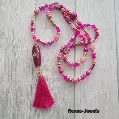 Bettelkette lang pink goldfarben Quasten Anhänger Boho Ethno Ibiza Hippie Unikat handgefertigt