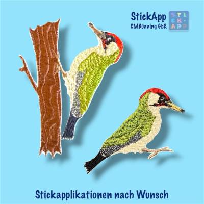 Grünspecht Applikation – 2 Motive – verschiedene Größen - naturgetreuer Aufnäher oder Bügelpatch