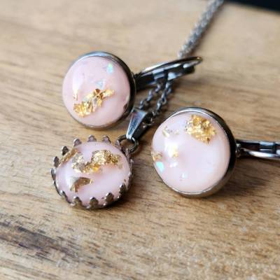 Schmuckset rosa gold Flocken Glitzer Edelstahl Ohrringe Ohrhänger Ohrstecker Schmuck mit Cabochon