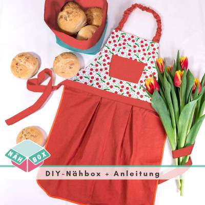 DIY-Nähset Küchenschürze nähen // kreatives Geschenk für Mädchen // Schürze Klex // Baumwollstoff mit Kirschen