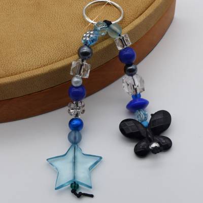 Taschenanhänger, blau türkis, Stern, Schmetterling, Schlüsselring, 11 cm, Doppelstrang, Gastgeschenk