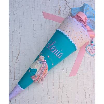 Personalisierte Schultüte Einhorn aus Stoff – Handgemacht mit Namen & Wunschfarben, 70 cm