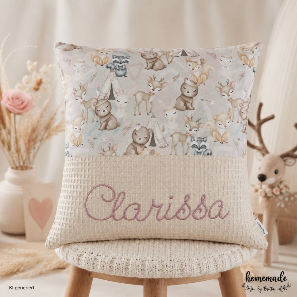 personalisierter beiger Kissenbezug mit Waldtieren und Namen personalisiert, Deko im  Kinderzimmer Bild 2