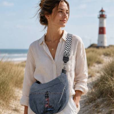 Zipperrunde Crossbody Bag Moonbag – Einzigartige Umhängetasche aus Jeans mit Stickerei & verstellbarem Gurt