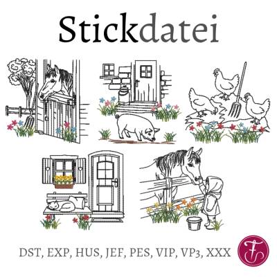 Stickdatei Landleben 15x20cm Pferd Huhn Schwein Katze SET Redwork Konturstich