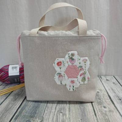 Projekttasche, Handarbeitstasche, Stricktasche, natur rosa gemustert Gr. L