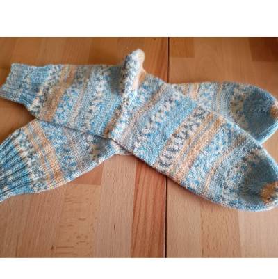 Handgestrickte Socken gelb blau Größe 40/41 Opal Wolle, Bumerangferse, perfekter Sitz