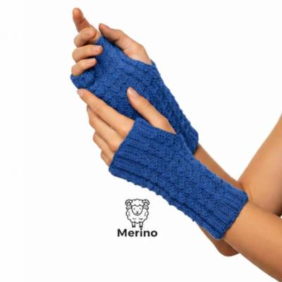 Pulswärmer 100 % Merino-Wolle handgestrickt jeansblau mit Daumenloch - Damen - Einheitsgröße - Modell 10