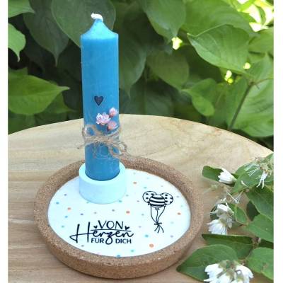 Geschenk-Set "Von Herzen Für Dich" ~ Korkuntersetzer mit Kerzen und Halter ~ Mitbringsel zum Geburtstag