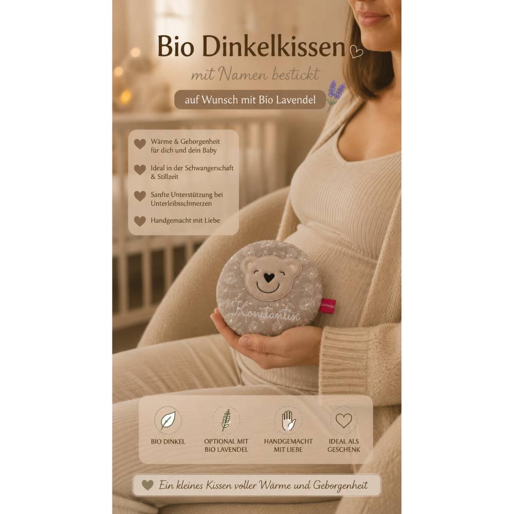 Bio-Dinkelkissen mit Namen | Personalisiertes Wärmekissen Baby | Teddy Applikation | Geschenk zur Geburt