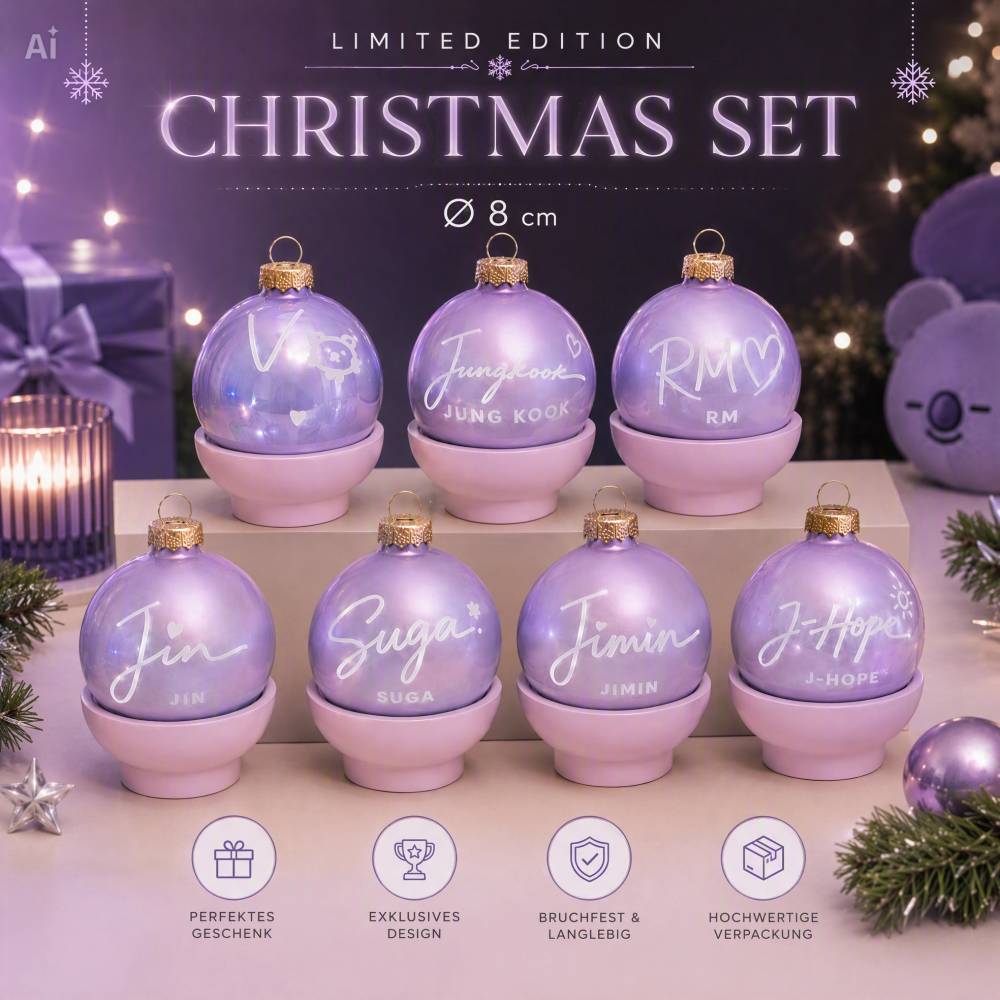 BTS Weihnachtskugeln Set 8cm Glas Limited Edition – 7 Member Christbaumkugeln Lila Fanmade ARMY