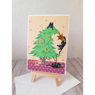 Weihnachtskarte handgemacht voller Katzenchaos , Weihnachtsbaum , Tannenbaum , Katze