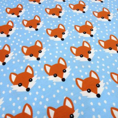 Stoff Baumwolle Jersey mit Füchse Fuchs-Kopf Design blau weiß orange Kinderstoff Kleiderstoff