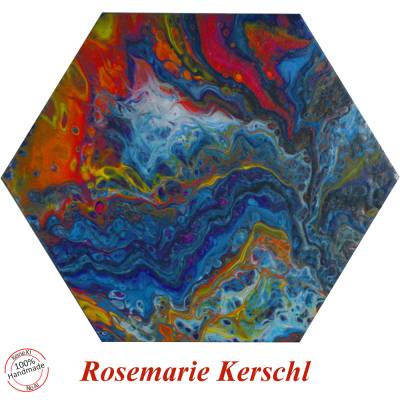 Pouring Fluidart Acrylbild "Colourful" – Unikat auf sechseckiger Leinwand 30 x 30 cm