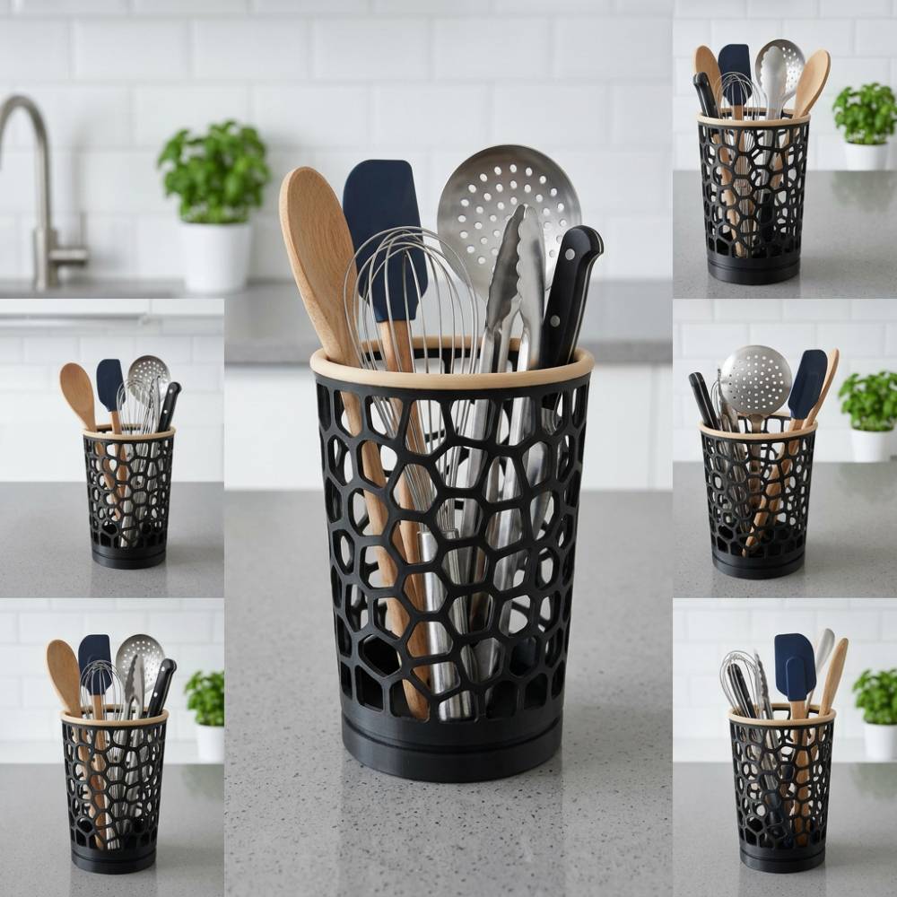 Moderner Besteckhalter aus PLA | Schwarzer Utensilienbecher mit Holzrand | Utensilienhalter