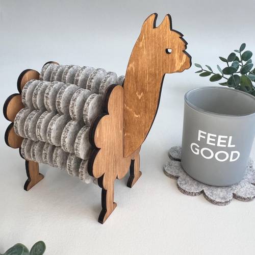 Alpaka Untersetzer Set aus Filz & Holz | Handgemachte Tischdeko & Geschenkidee zum Einzug | 6er Set Ø 10cm