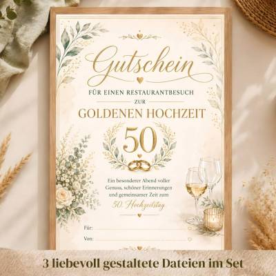 Goldene Hochzeit Geschenk | Restaurantgutschein zum 50. Hochzeitstag | 3-teiliges Set mit Gutschein und 2 Postkarten