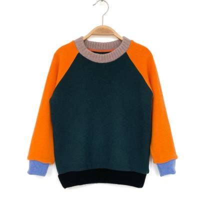 Kinderpullover Gr. 116 dunkelgrün orange 100% Kaschmir / Upcycling Kaschmirpullover