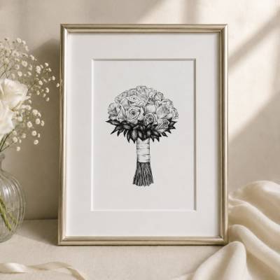 Handgezeichnete Brautstraußzeichnung nach Foto | Personalisiertes Hochzeitsgeschenk | Original Fineliner Illustration