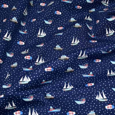 Jersey Baumwolljersey Stoff Digitaldruck Maritim Boote Segelboote Meer royalblau 