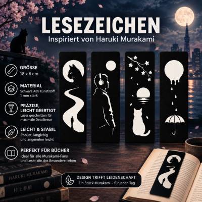 Lesezeichen inspiriert von Murakamis Büchern | Minimalistische Silhouetten | Katze & Traumwelten | Geschenk für Leser