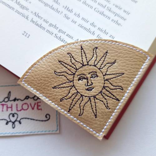 Lesezeichen Sonne gestickt, Kunstleder Leseecke goldfarben für Sonnenanbeter