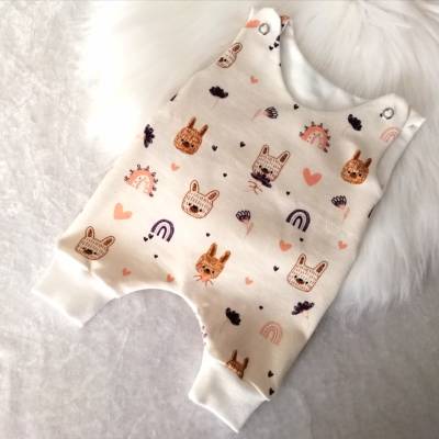 Frühchen Strampler, Handmade, Gr 34/36 aus Jersey mit Tier Motiv – Reborn Baby Kleidung Öko Tex