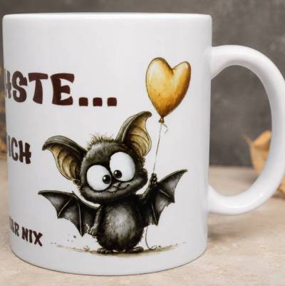 Kawaii Tasse Fledermaus – Geschenkidee mit Spruch: Verstehste ohne dich läuft hier gar nix & Herzluftballons