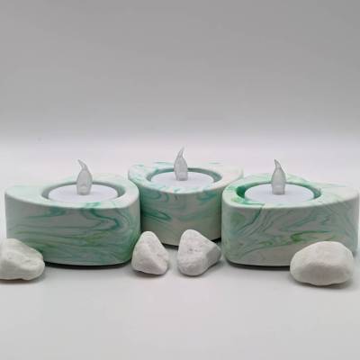 3er Set Teelichthalter Herzform Grün/Weiß – Handgemacht, Marmor-Optik, Geschenkidee & Dekoration