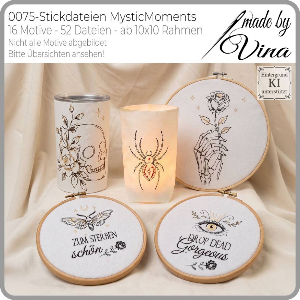 Mystic Moments Stickdateien Set – 16 Gothic & Monoline Herbstmotive ab 10x10 cm für Halloween, Kleidung & Deko Bild 2