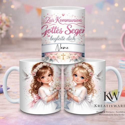 Personalisierte Kommunion Tasse Mädchen – Gottes Segen begleite dich – Geschenk zur Erstkommunion – Tasse mit Name