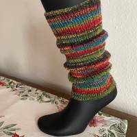 Beinstulpen 38 cm handgestrickt – Woll-Beinwärmer rot-braun-grün-blau, halblang, Damen & Mädchen