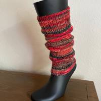 Beinstulpen 38 cm rot-anthrazit-orange – Handgestrickte Woll-Beinwärmer, halblang, Damen & Mädchen