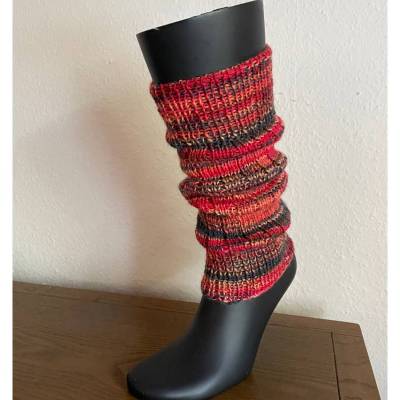 Beinstulpen 38 cm rot-anthrazit-orange – Handgestrickte Woll-Beinwärmer, halblang, Damen & Mädchen