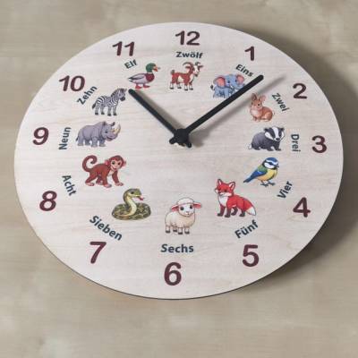 Lernuhr Kinder Holz Tiermotive ABC Uhr Wanduhr Kinderzimmer Tiere Zahlen lernen Geschenk Einschulung ohne Ticken