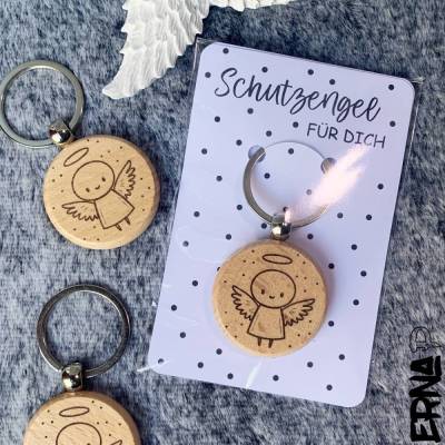 Schlüsselanhänger aus Holz mit graviertem Schutzengel - Rückseite personalisierbar - Geschenkverpackung inklusive