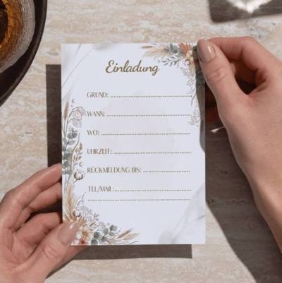 Digitale Einladung Boho Trockenblumen A6 PDF  Geburtstag & Feier  Lückentext Karte zum Ausdrucken