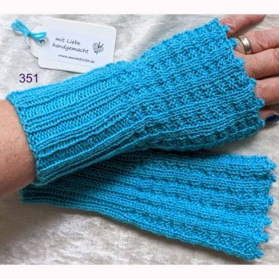 Kurze Handstulpen Türkis meliert Pulswärmer handgestrickt in Waffelmuster, Länge ca 20 cm Umfang dehnbar bis 27 cm