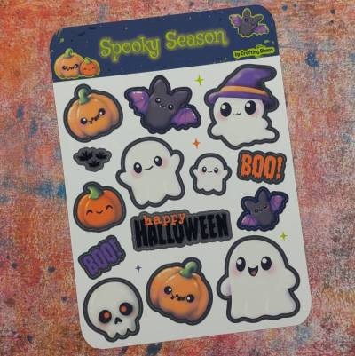 Stickerbogen "Spooky Season" Halloween - 14 Sticker, Geist, Kürbis, Fledermaus, Glow in the Dark, mit Rand
