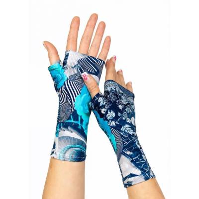 Damen Handschuhe fingerlos aus Baumwolle bedruckt "digitaal abstract blau" im Ethno Style, handgefertigt in Deutschland