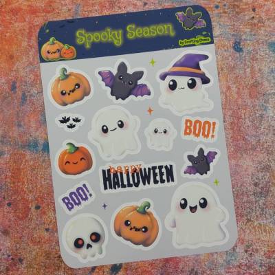 Stickerbogen "Spooky Season" Halloween - 14 Sticker, Geist, Kürbis, Fledermaus, Glow in the Dark