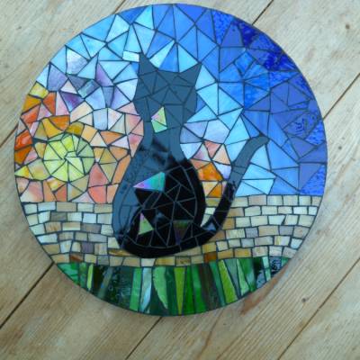 Mosaik Garten Dekostein Gedenkstein Katze Motivstein Sonnenaufgang