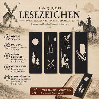 Lesezeichen von Don‑Quijote inspiriert | Cervantes Silhouette | Schwarzer PP‑Kunststoff | Geschenk für Literatur‑Fans